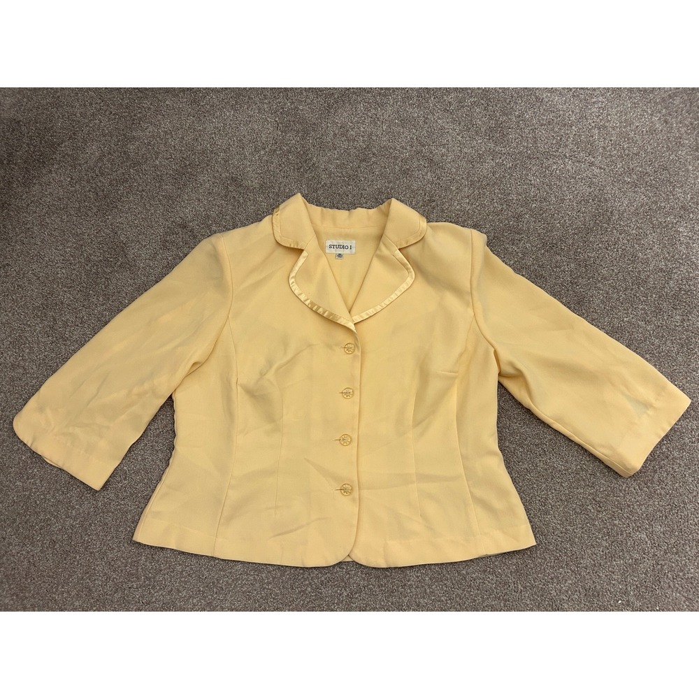 Y2K 90s Studio I Blazer Top Womens 18W Yellow Excellent Satin Trim 3/4 Sleeve